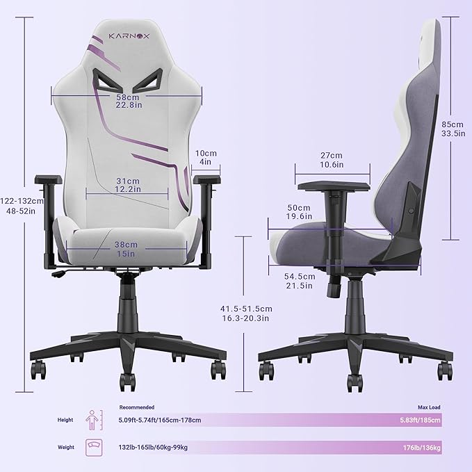 KORNOX Ergonomic Gaming Chair Fabric for Adults,Office Chair High Back,Game Chair Cloth Height Adjustable for Teens,Game Chair Racing with Headrest and Lumbar Support for Girl,White and Purple