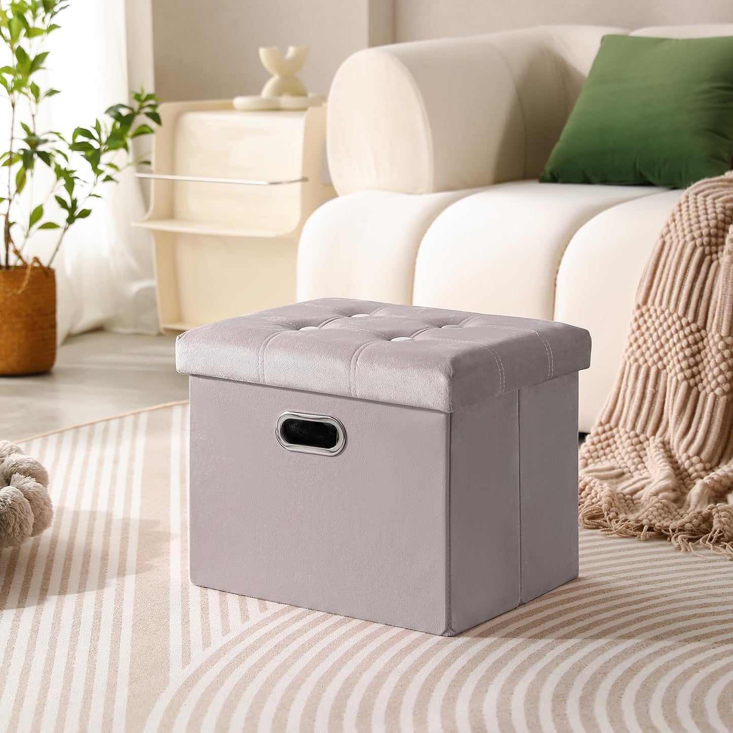 PRANDOM Ottoman with Storage [1-Pack] Velvet Folding Small Square Foot Stool with Lid for Living Room Bedroom Coffee Table Dorm Light Grey 17x13x13 inches