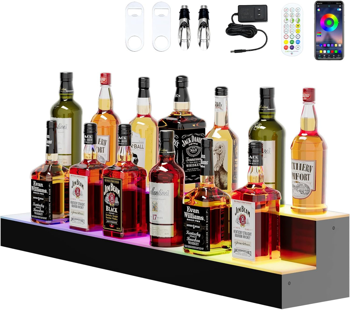 Dethan 2 Tier 48 Inch LED Lighted Liquor Bottle Display Shelf - Illuminated Wine Racks with Multi-Color App & Remote Control, Adjustable Brightness & Sound Modes, Acrylic Bar Shelves for Club Displays
