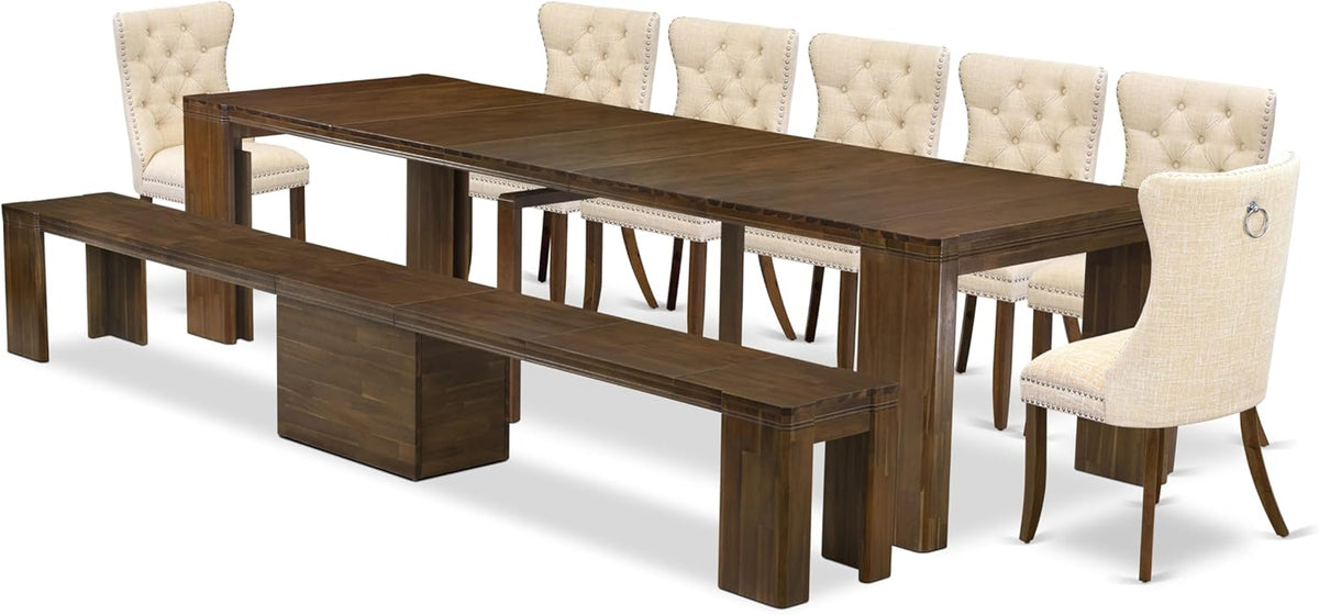 X07DA-B08-32 - 9 Pieces Dining Table Set contains an Extendable Rectangle Kitchen Table, 7 Polyester Fabric Dining Chairs and 1 Modern Bench, 39x120 Inch, Antique Walnut
