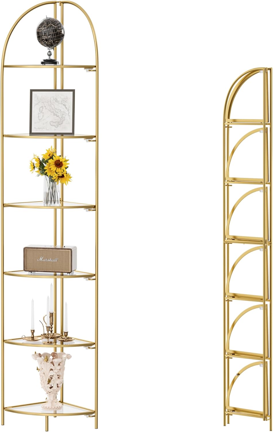 Crofy Foldable 6 Tier Corner Shelf, Metal Corner Plant Stand with Gold Frame and Transparent Shelves, Corner Display Rack Multipurpose Shelving Unit for Living Room, Bedroom, Bathroom