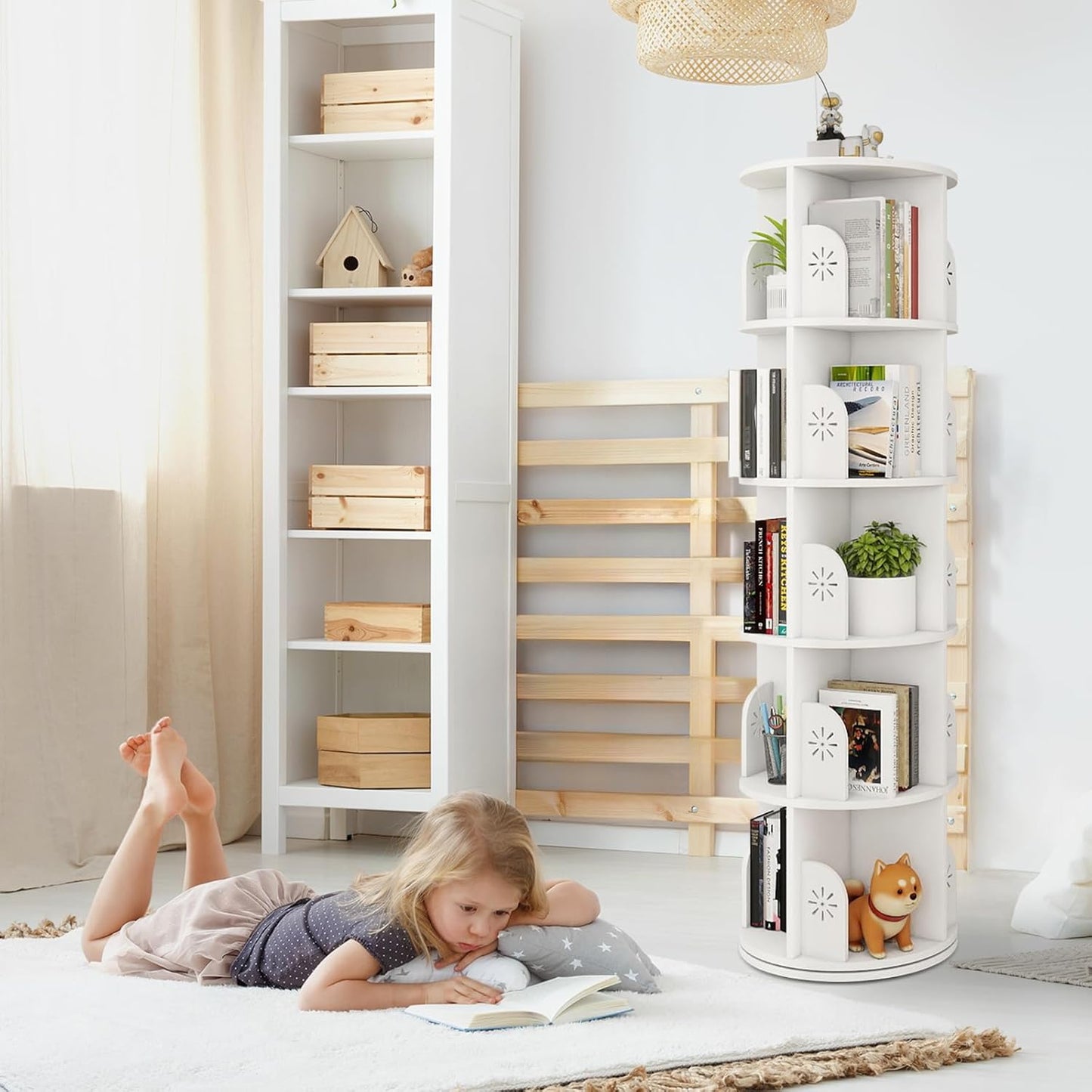Hestiasko 5 Tier Rotating Bookshelf, 360 Rotating Bookcase, Spinning Bookshelf Tower for Kids & Adults, Corner Book Shelf for Small Space, Revolving Bookcase for Bedroom, Living Room, White
