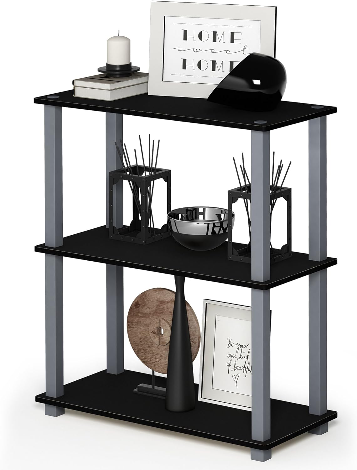 Furinno Turn-S-Tube 3-Tier Compact Multipurpose Shelf Display Rack with Square Tube, Black/Grey