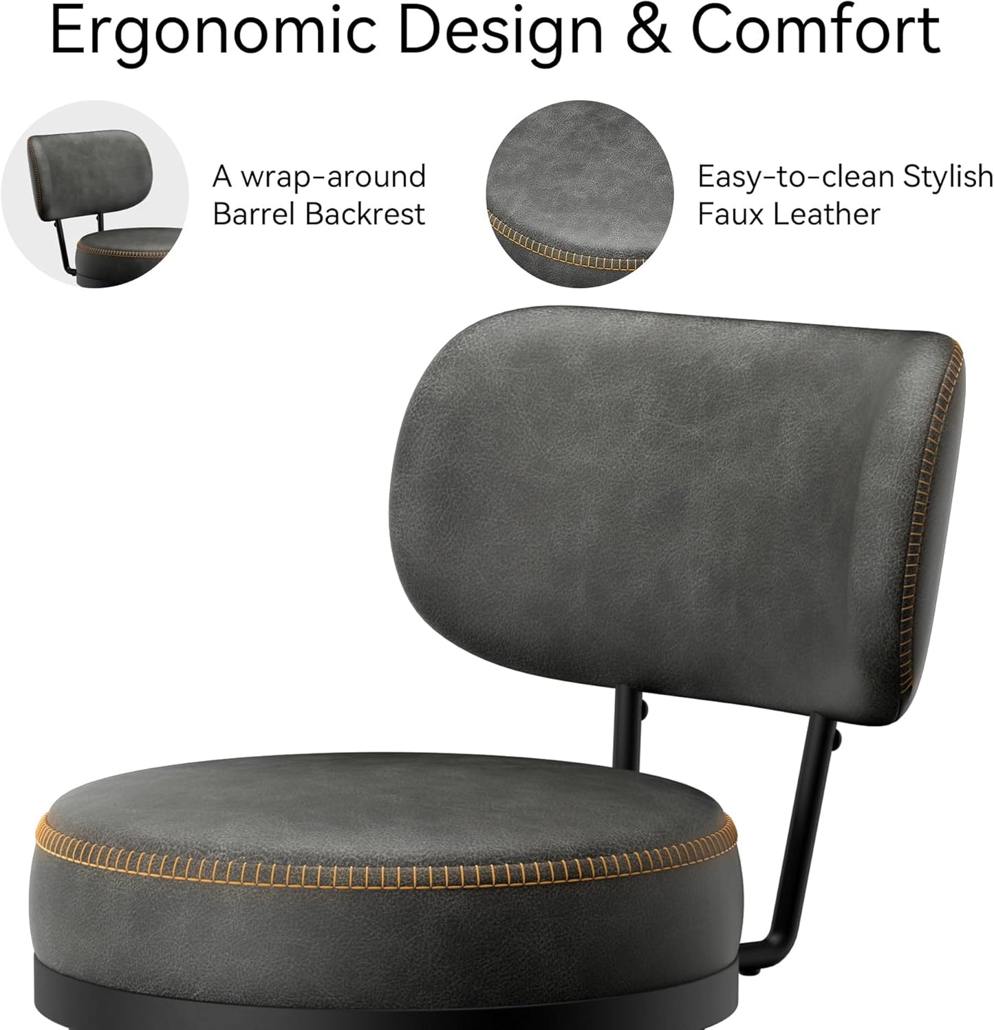 Counter Height Bar Stools, 26" H Swivel Barstools Set of 8, Faux Leather Kitchen Counter Stools with Back and Stylish Stitching, Metal Frame, Pub, Home Bar, Black Grey
