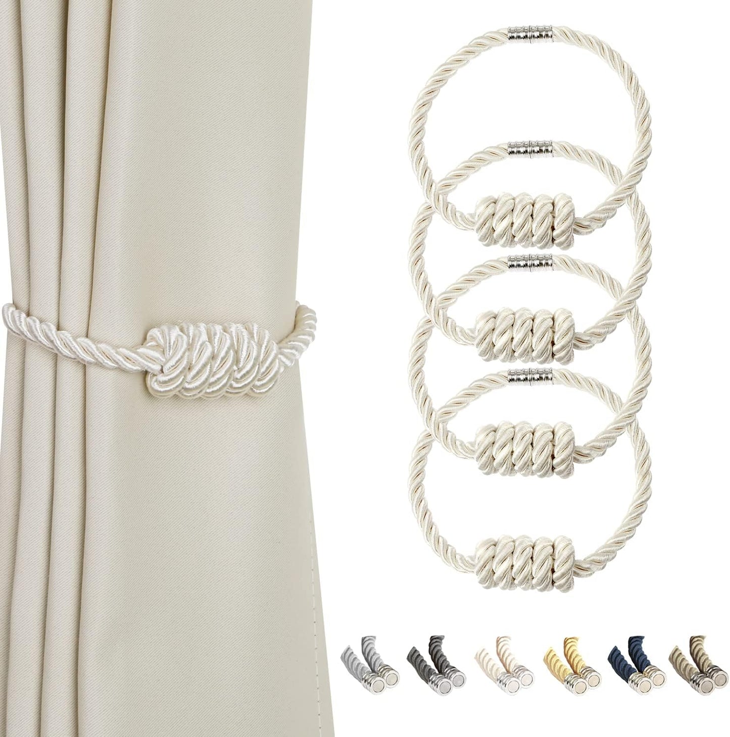 BEL AVENIR Magnetic Curtain Tiebacks, Decorative Drapery Holdbacks Modern Woven Tie-Backs with Exquisite Knot (Beige, 4 Pack)