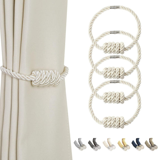 BEL AVENIR Magnetic Curtain Tiebacks, Decorative Drapery Holdbacks Modern Woven Tie-Backs with Exquisite Knot (Beige, 4 Pack)