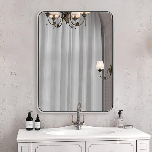 ANDY STAR 24x32 INCH Chrome Mirrors for Bathroom, Polished Nickel Bathroom Mirror, Rounded Rectangle Mirror, Anti-Rust SUS304, Tube Metal Frame, 1’’ Deep Wall Mounted Vertically/Horizontal
