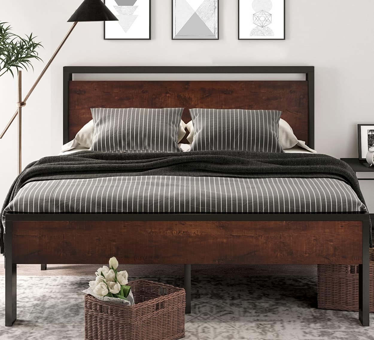 SHA CERLIN 14 Inch Full Size Metal Platform Bed Frame with Wooden Headboard and Footboard, Mattress Foundation, No Box Spring Needed, Large Under Bed Storage, Non-Slip Without Noise, Mahogany