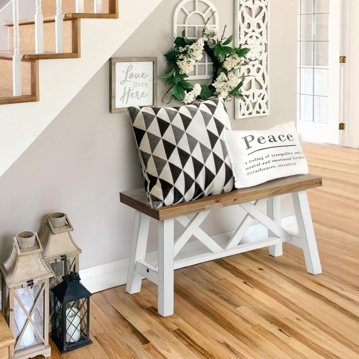 Wnutrees 30" Farmhouse Wood Bench, Rustic Solid Wood Entryway Bench Seat with Double X-Structure for Dining Room, Living Room, Hallway, Structural Stability, White