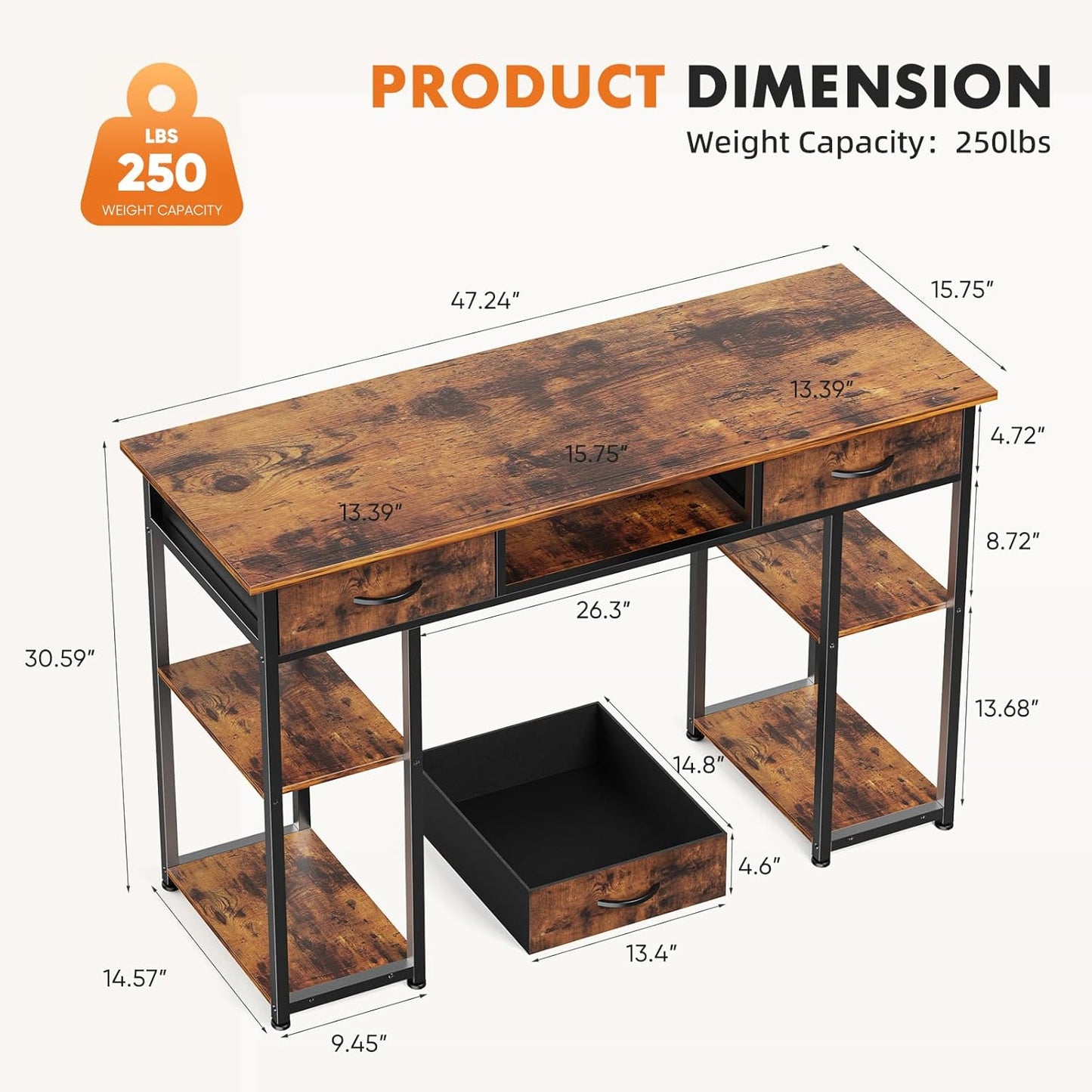 Whitmor Computer Desk - 48 Inch Home Office Study Writing Table with 2 Fabric Drawers, Storage Shelves, Side Bag, Headphone Hook, Brown