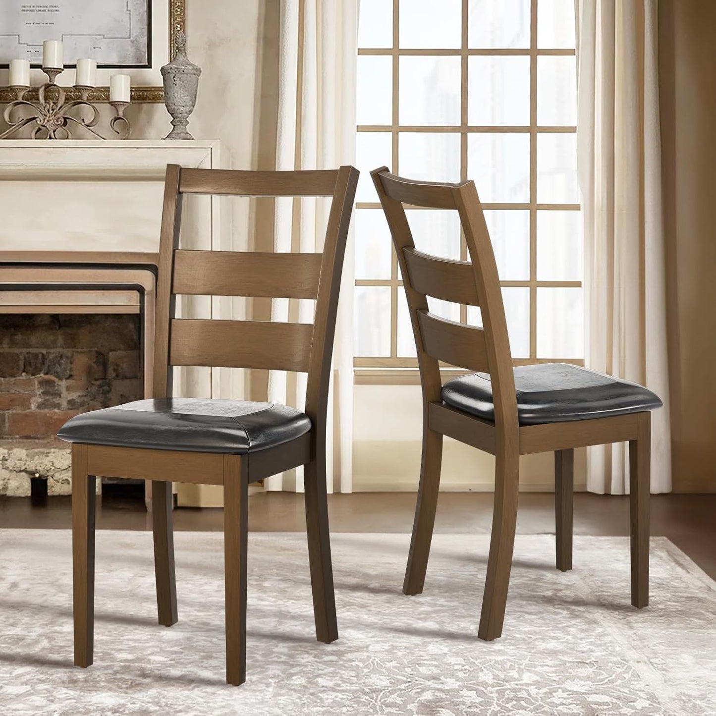 COLAMY Upholstered Dining Chairs Set of 2, PU Leather Ladder High Back Dining Room Kitchen Side Chair with Adjustable Foot Pegs, Dark Brown