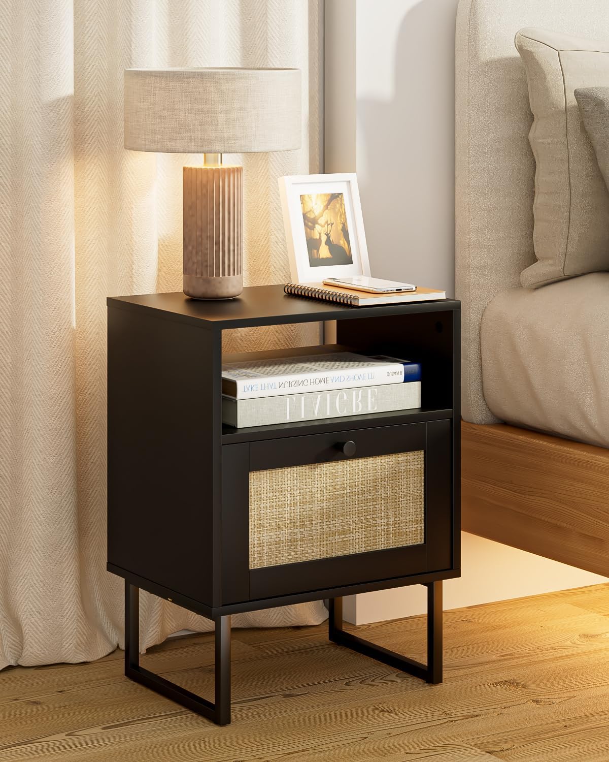 Rattan Nightstand, Boho Night Stand Farmhouse Wood Bedside Table with Storage and Open Shelf, End Side Accent Table for Bedroom,Living Room,Black
