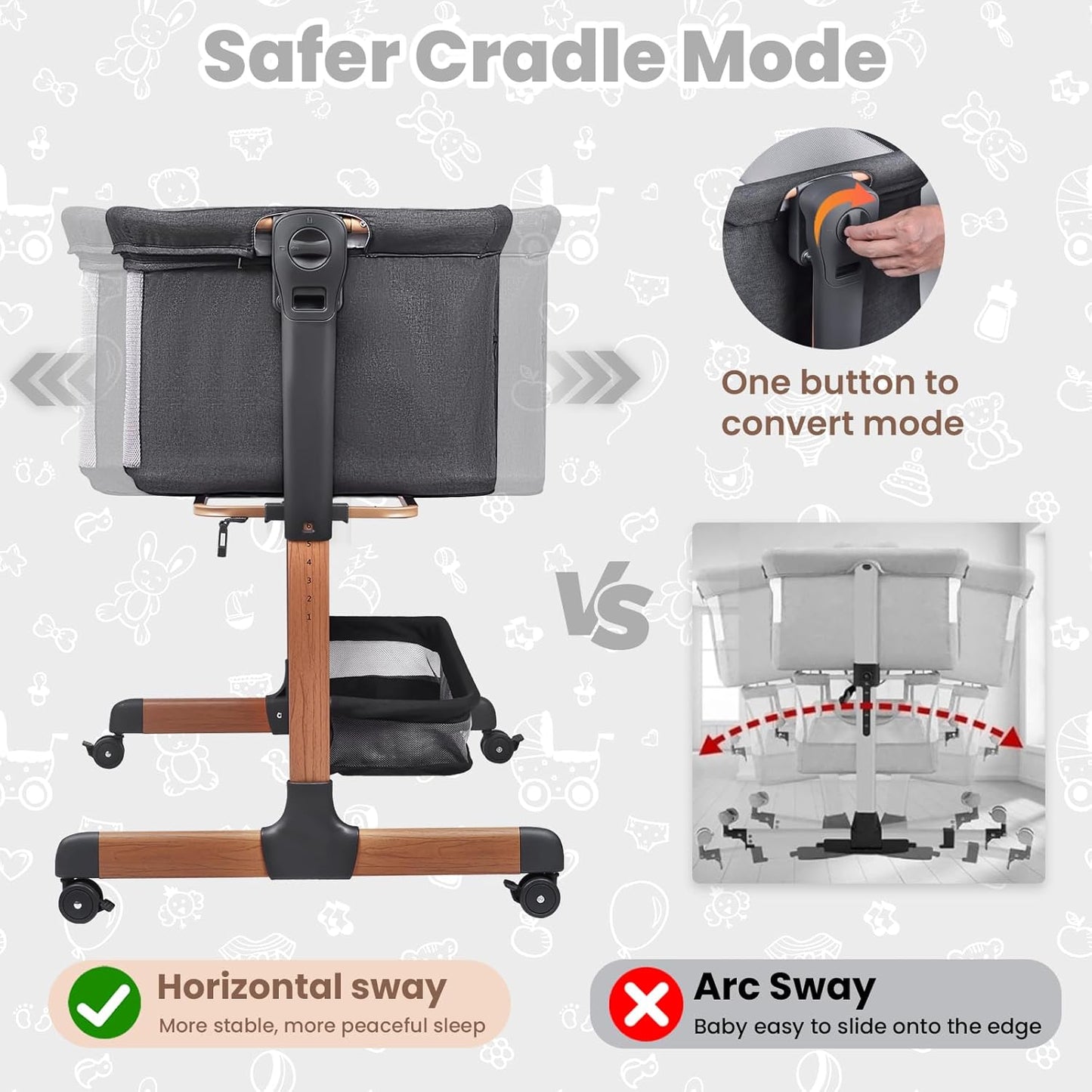 Baby Bassinet, 3 in 1 Bedside Sleeper for Newborn, Bedside Bassinet for Baby with 6 Adjustable Height, Soft Mattress, Compact, Easy to Fold