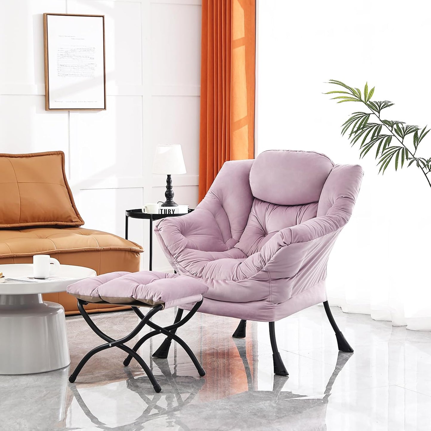 Lazy Chair and Ottoman, Large Accent Lounge Chair with Armrests and a Side Pocket, Modern Leisure Upholstered Sofa Reading Armchair with Footrest for Bedroom, Living Room, Dorm Rooms, Office