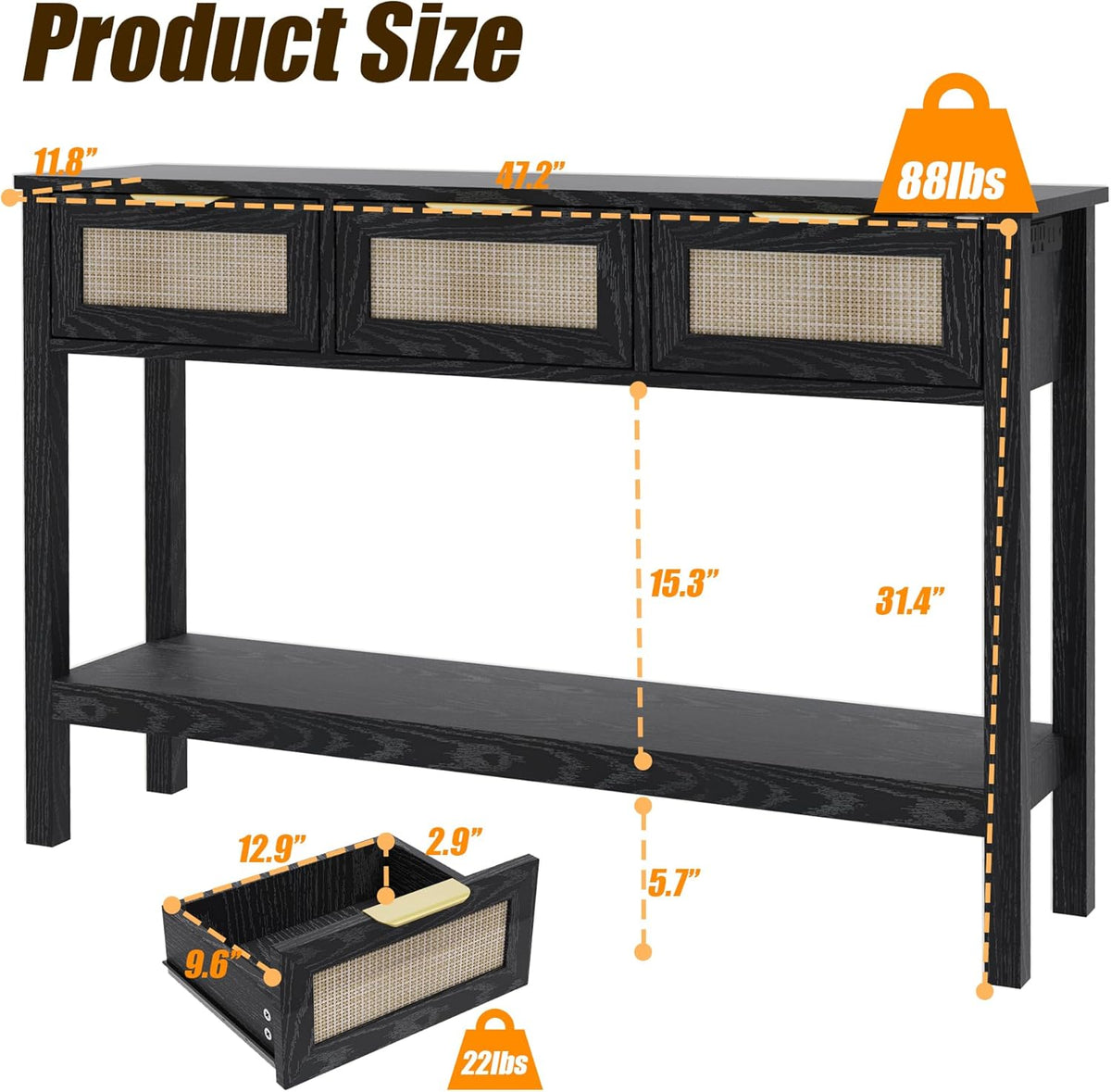 Entryway Table, Boho Console Table with 3 Storage Drawers and Storage Shelf, Sofa Table with Socket, for Entryway, Living Room, Behind Couch and Hallway (Black)