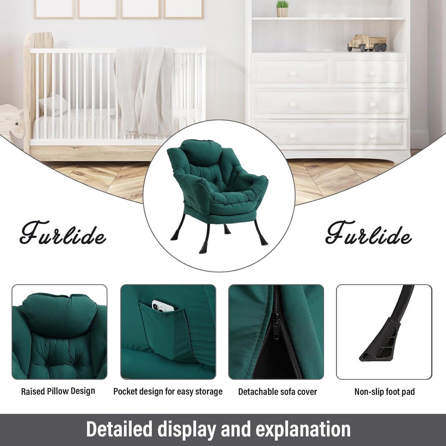 Modern Lazy Chair with Folding Footrest, Lounge Accent Reading Chair (Dark Green)