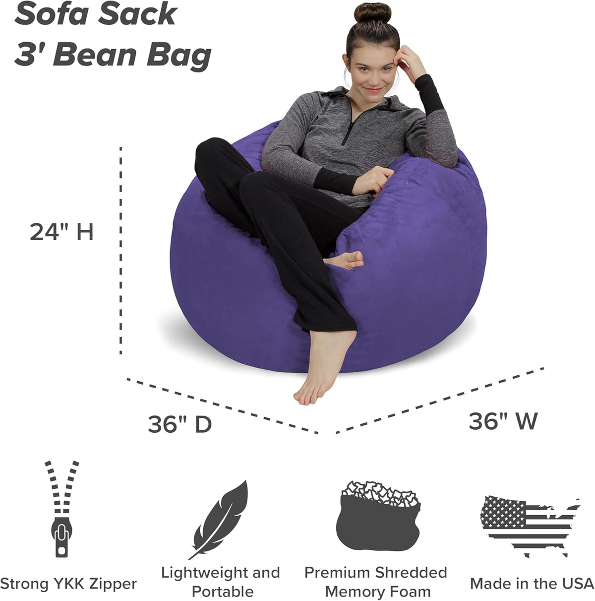 Sofa Sack Bean Bag Chair - Plush, Ultra Soft - Memory Foam Bean Bag Chair with Microsuede Cover - Stuffed Foam Filled Furniture and Accessories for Dorm Room 3 Feet - Violet