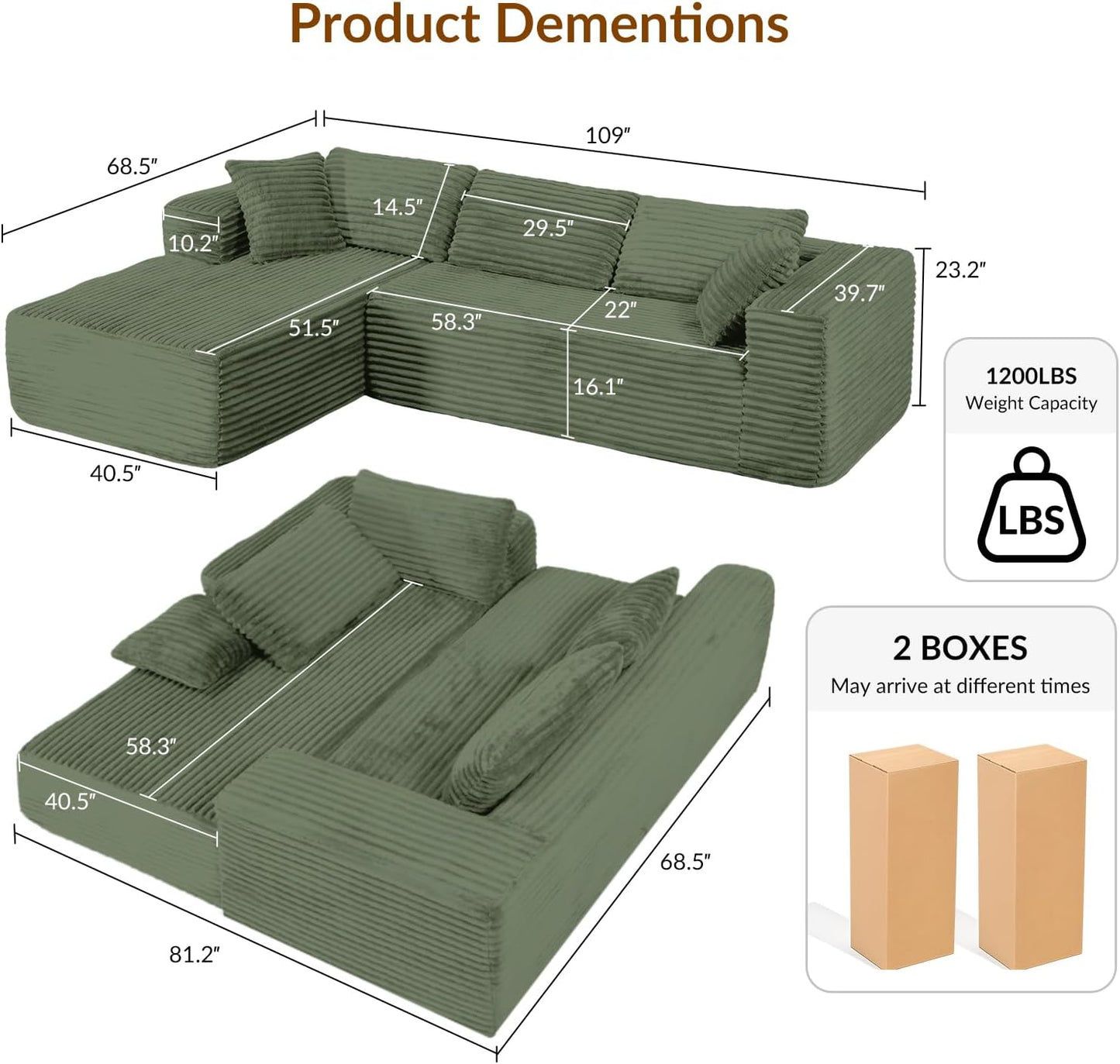COMHOMA 105”Modular Sectional Sofa with Deep Seat,Cloud Upholstered L-Shape Couch Wide Arms Corduroy Fabric High-Density Foam Chaise Lounge for Living Room No Assembly Required