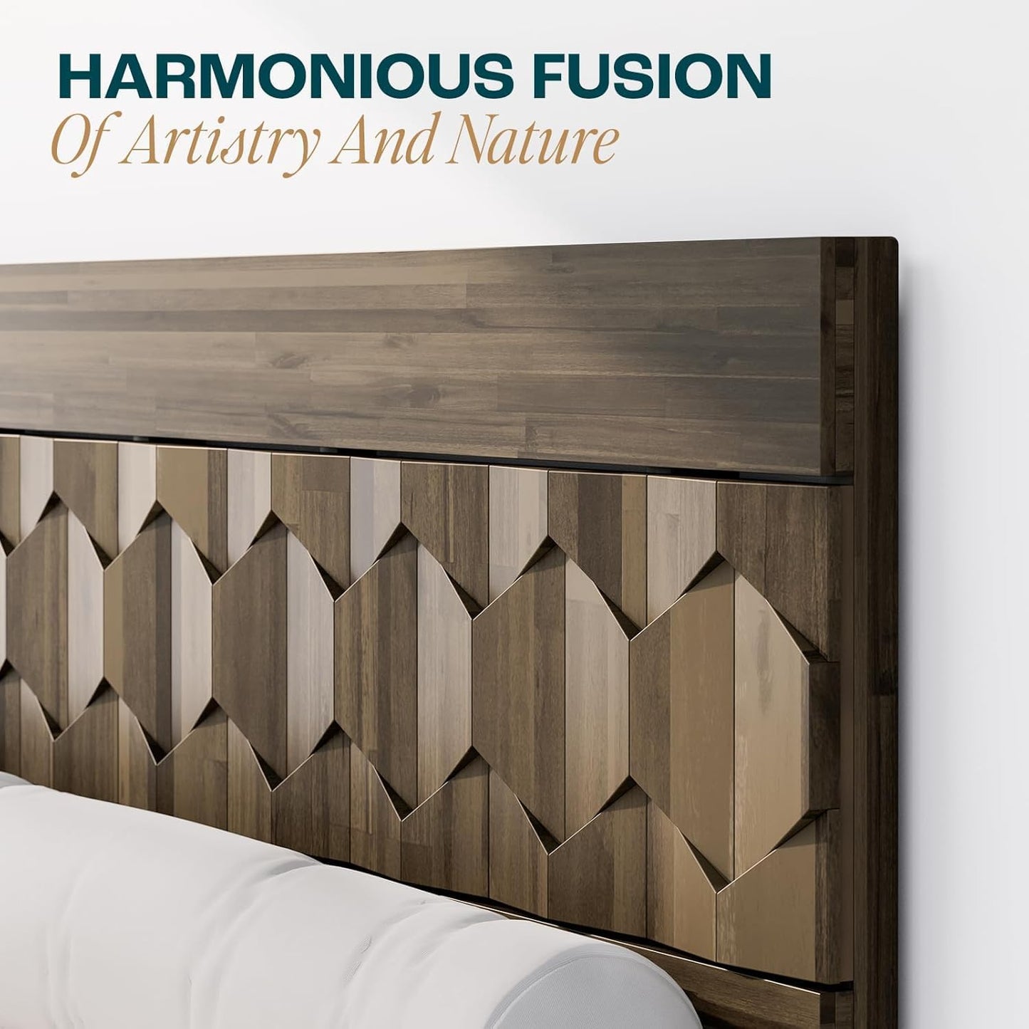 Bme Georgina Signature Bed Frame with Handcrafted Geometric Headboard, Mid Century Modern, Solid Acacia Wood, No Box Spring Needed, 12 Strong Wood Slats Support, Easy Assembly, Walnut, Queen