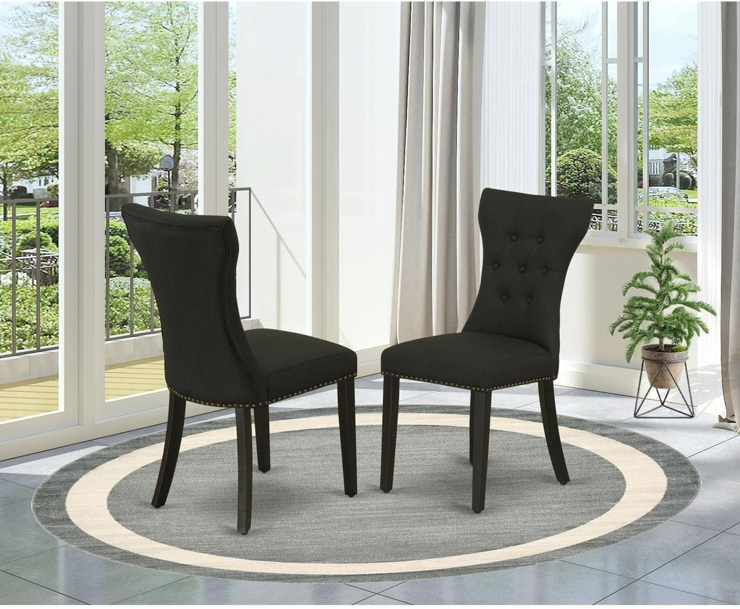 East West Furniture GAP1T24 Gallatin Parsons Dining Chairs - Button Tufted Nailhead Trim Black Linen Fabric Upholstered Chairs, Set of 2, Black