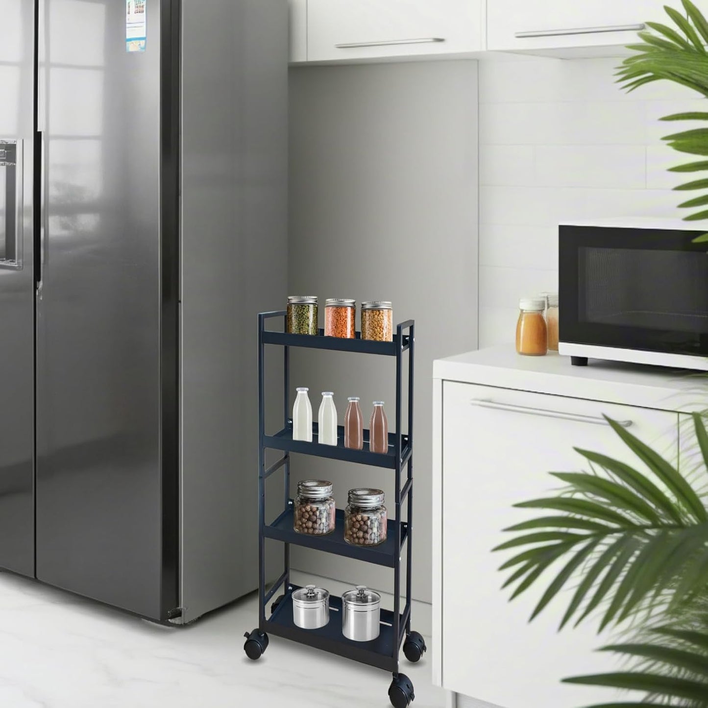 Beyeutao 4 Tier Slim Storage Cart with Wheels Black Rolling Utility Cart Bathroom Storage Organizer Narrow Storage Cabinet for Kitchen, Bedroom, Laundry Room, Bathroom