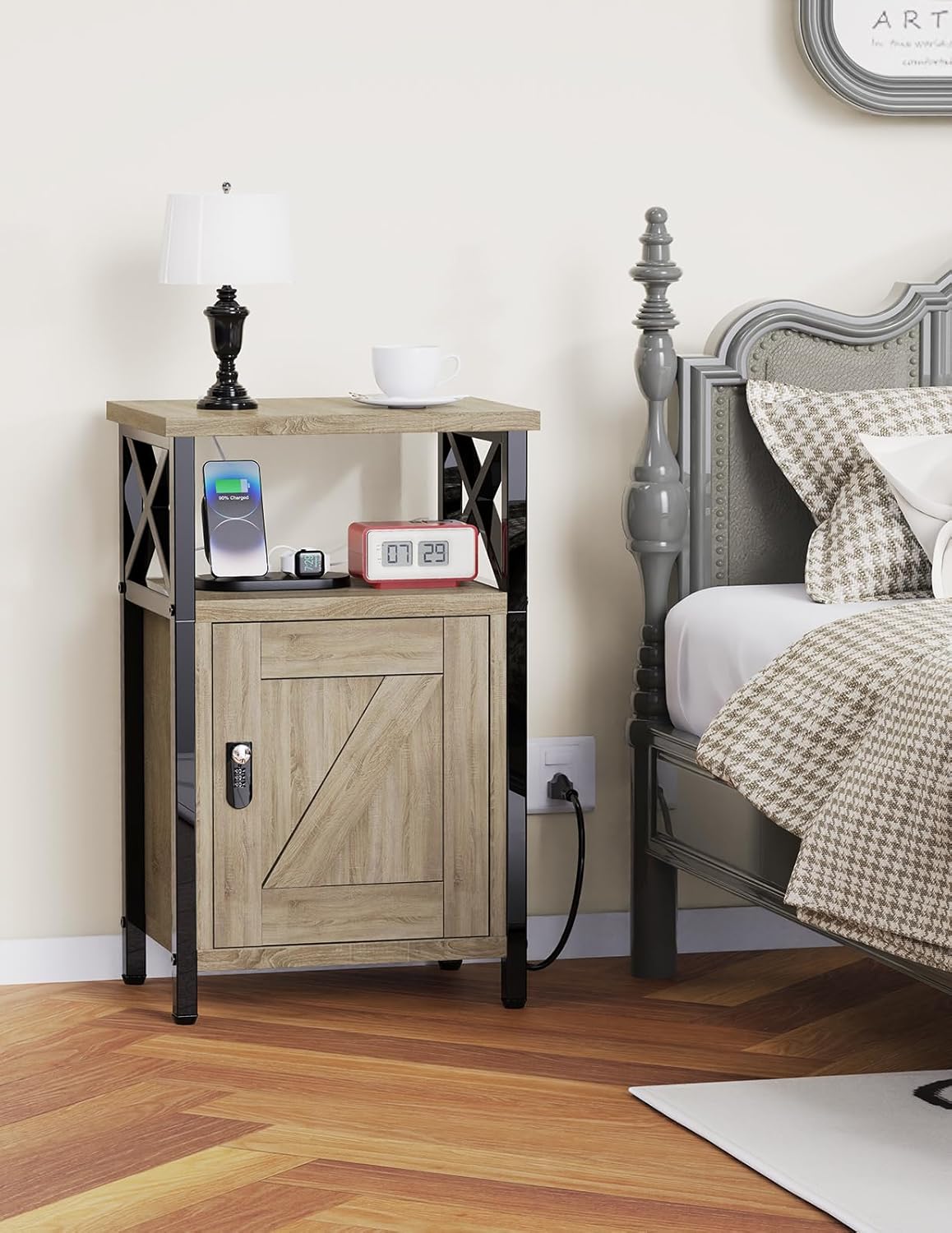 Wooden Nightstand with Lock, Bed Side Table with Drawers, Bedside Table with Charging Station, 3 USB & 2 Outlets, Night Stand with Storage, End Tables for Living Room, Bedroom, Greige