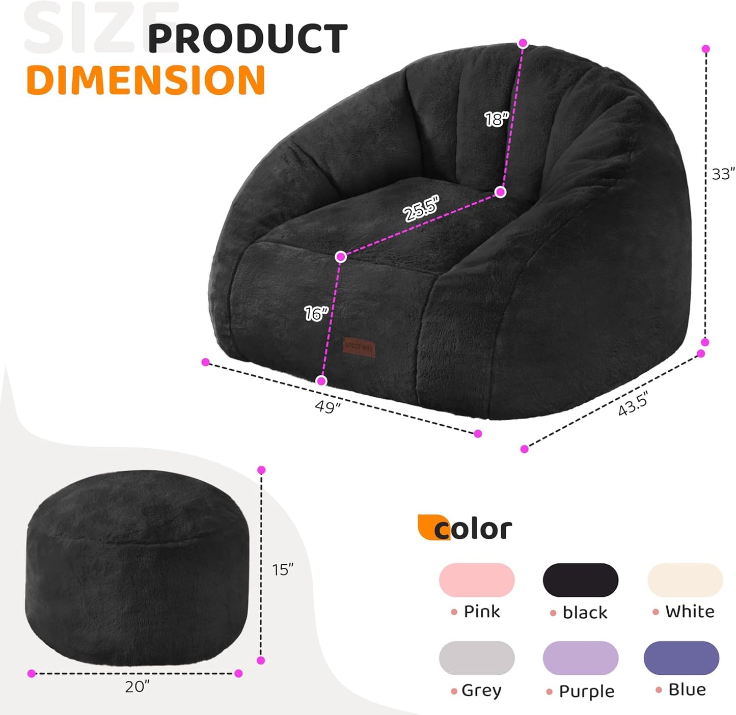 HABUTWAY Bean Bag Chair, Giant Bean Bag Chairs for Adults with Ottoman, Comfy Faux Fur Shell-Shaped Bean Bag Couch, Sofa Chair for Living Room, Bedroom, Black