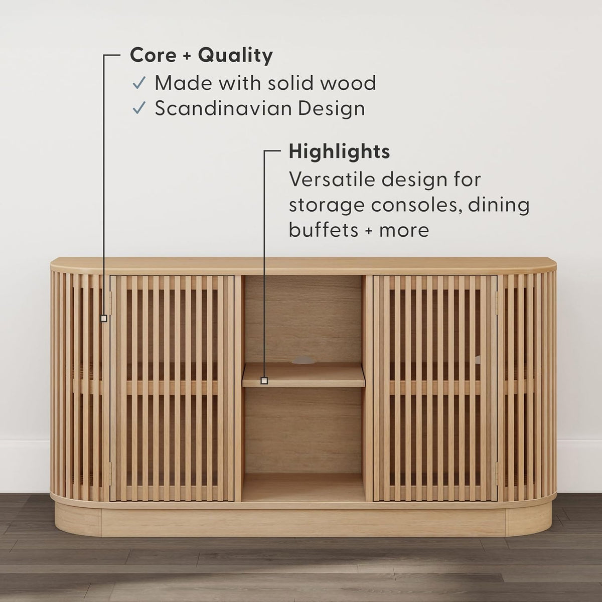 Plank+Beam Contour Wood TV Stand, Two Door Solid Wood Entertainment Console with Storage, 59" L x 16" W x 30" H, Blonde