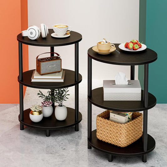 Small Round Side Table - 3-Tier Oval Accent Table for Small Spaces, Rustic Wood and Metal Couch End Table, Nightstand for Bedroom or End Table Living Room, Set of 2, Charcoal Wenge