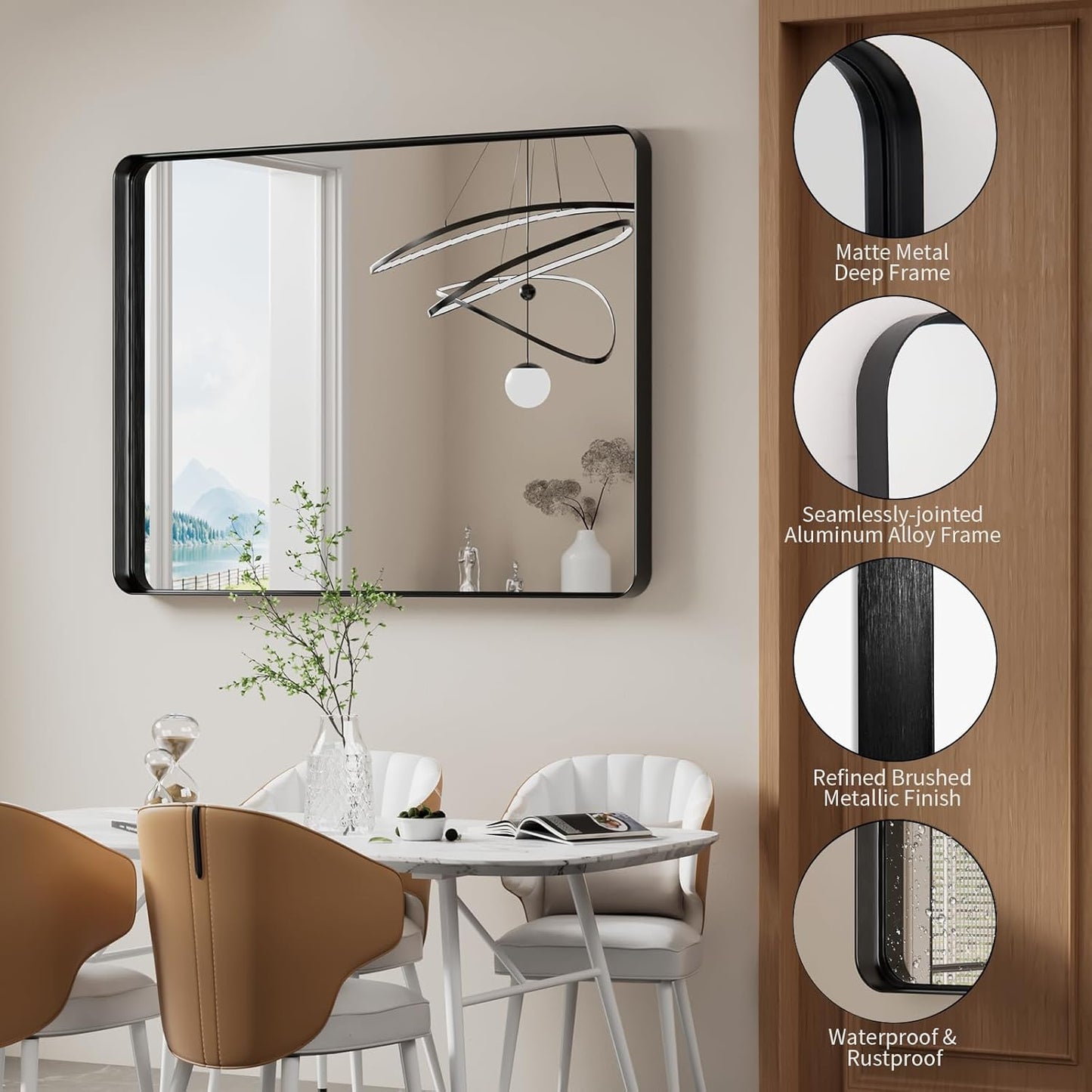 Koonmi Black Wall Mirror for Bathroom, 30x48 Inch Matte Deep Framed Rounded Rectangle Vanity Mirror for Farmhouse Living Room, Tempered Glass, Anti-Rust, Vertically or Horizontally