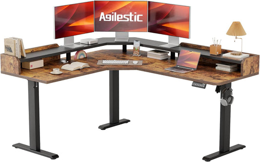 Agilestic L Shaped Standing Desk, Adjustable Height Corner Gaming Desk with Shelf, Sit Stand Up Desk, 63 x 55 Inch Home Office Computer Table, Rustic Brown