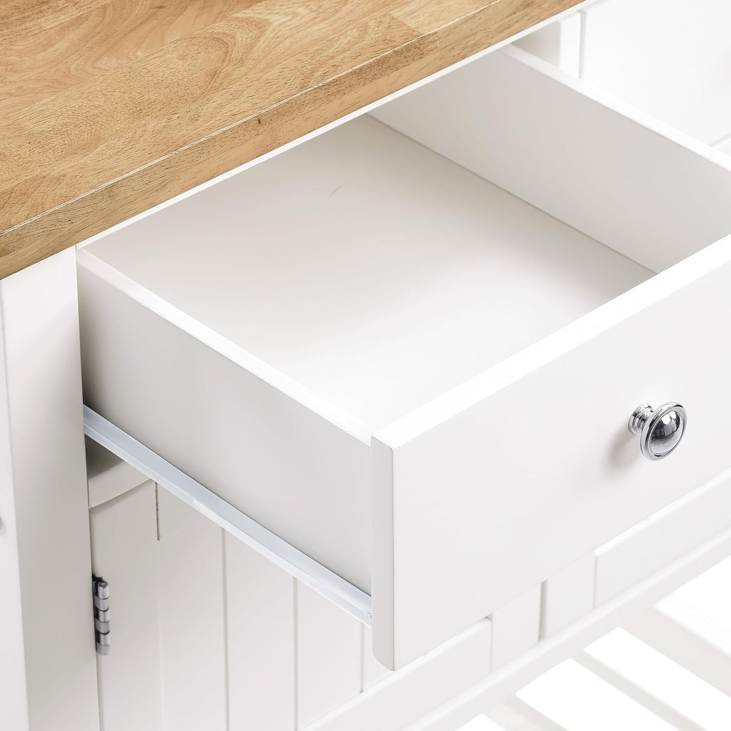 OSP Home Furnishings Stirling Farmhouse Kitchen Cart, Rolling Storage Cabinet with Drawers, Shelf, 5 Utility Hooks, White with Wood Top