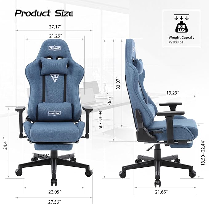 S*MAX Gaming Chair with Footrest Thicken Seat Black Gaming Chairs with 3D Armrest Gamer Chairs PU Leather Headrest and Lumbar Support High Back Gaming Chairs for Adults Deep Jeans Blue