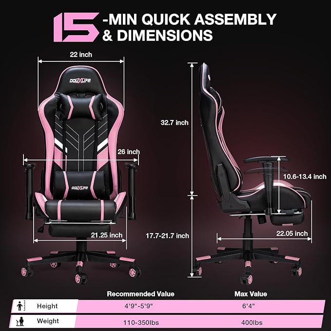 Douxlife 7-Point Massage Gaming Chair, 175° Gaming Recliner with Footrest Ergonomic Computer Office Chair High Back Video Game Chair with Lumbar Support, Upgraded Version, Black and Pink