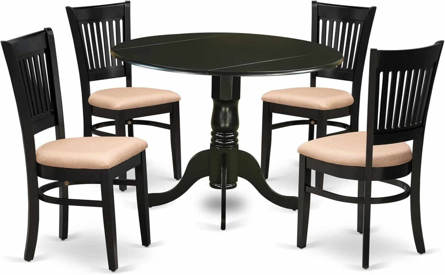East West Furniture DLVA5-BLK-C 5 Piece Dining Table Set for 4 Includes a Round Kitchen Table with Dropleaf and 4 Linen Fabric Upholstered Dinette Chairs, 42x42 Inch, Black