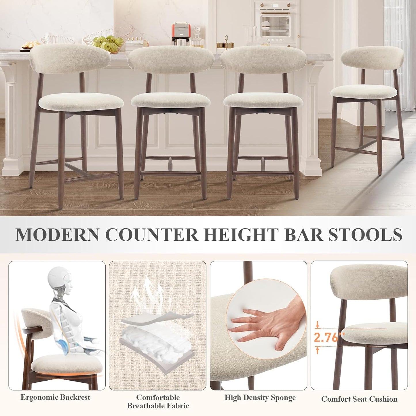 COLAMY Counter Height Bar Stools Set of 2, Kitchen Bar Stools with Back, Mid Century Modern Upholstered, with Wood Legs for Kitchen Island Dining Room, Beige