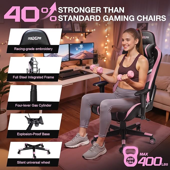 Douxlife 7-Point Massage Gaming Chair, 175° Gaming Recliner with Footrest Ergonomic Computer Office Chair High Back Video Game Chair with Lumbar Support, Upgraded Version, Black and Pink