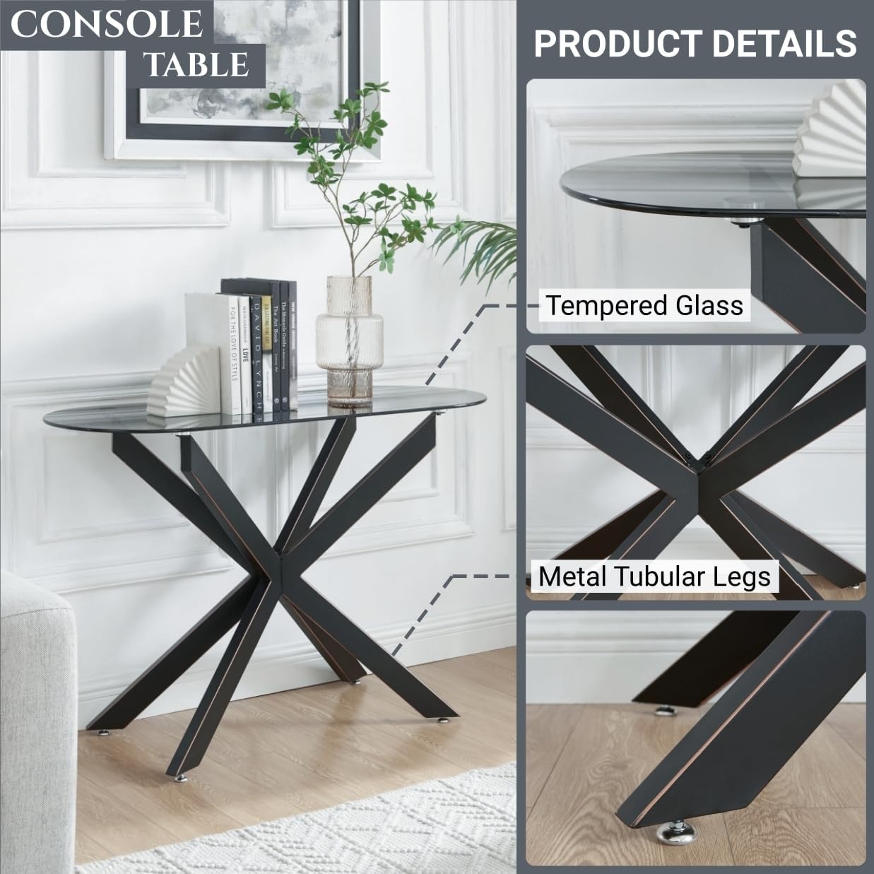 Modern Glass Oval Console Table, Entryway Hallway Narrow Sofa Table, Entrance for Entryway, Living Room, Foyer, Hallway, Office， 45" Lx18 Wx30 H Black