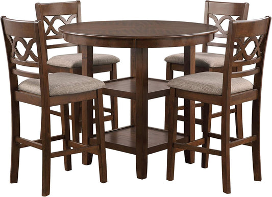 New Classic Furniture Cori 5-Piece Round Counter Set with 1 Dining Table and 4 Chairs, 42-Inch, Cherry Brown