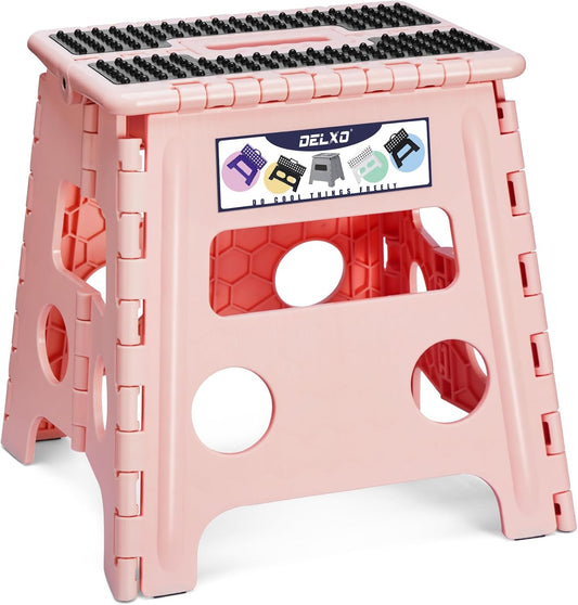 Delxo Folding Step Stool 13 Inch,Non-Slip Foldable Stools for Up to 300 LBS,Kitchen Collapsible Fold Up Stepping Stool with Dotted 1 Pack,Pink