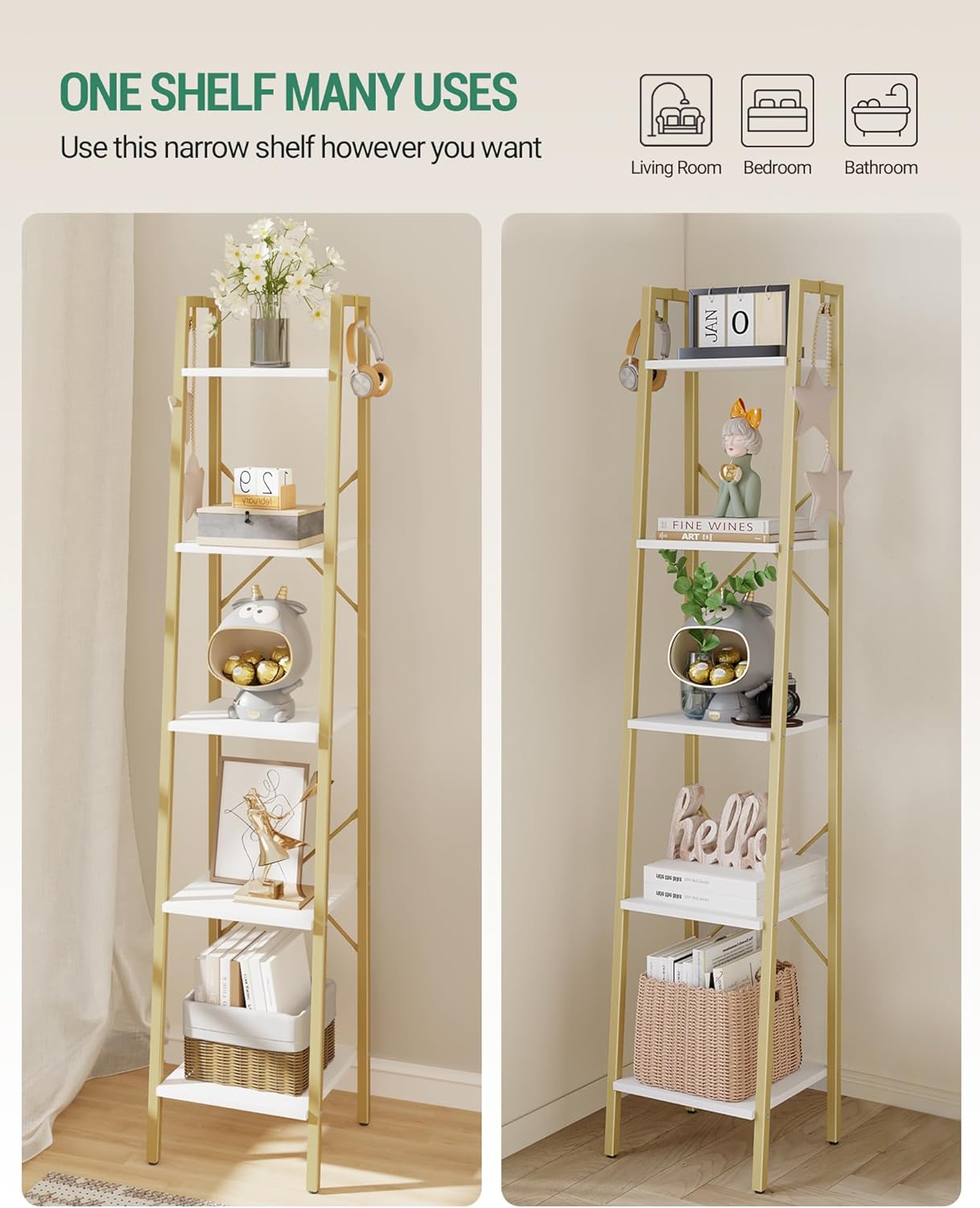 Ladder Shelf, Bookshelf Bookcase, Freestanding Corner Storage Shelve with 2 Hooks for Home Office, Living Room, Kitchen, Bedroom, Industrial, 5-Tier White Gold BC03213G
