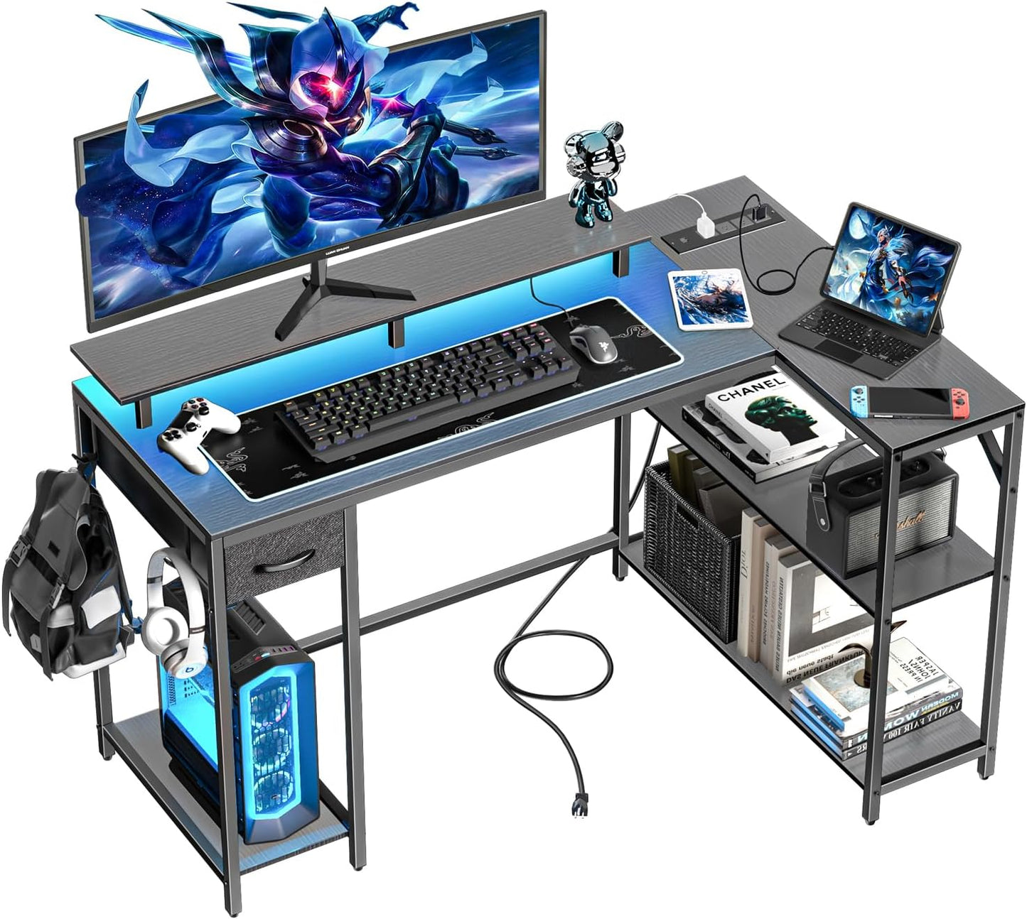 47" L Shaped Computer Desk with Power Outlet & LED Light, Gaming Desk with Hook & Monitor Stand, Reversible L Shaped Desk with Drawer and Storage Shelves for Home Office