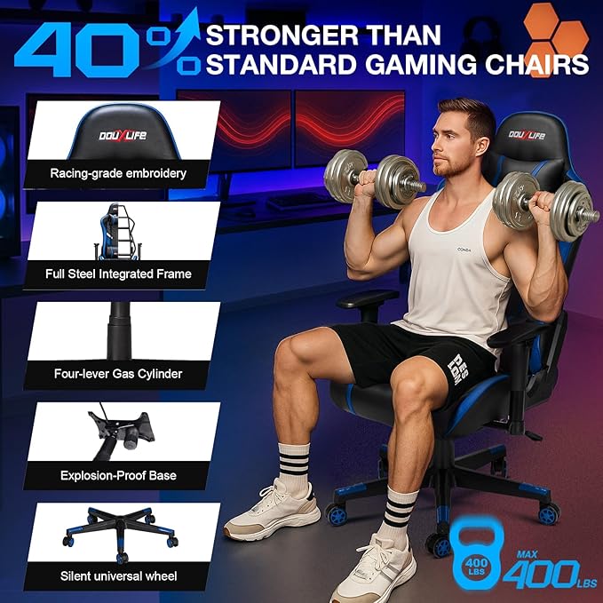 Douxlife 7-Point Massage Gaming Chair, 175° Gaming Recliner with Footrest Ergonomic Computer Office Chair High Back Video Game Chair with Lumbar Support, Upgraded Version Black and Blue