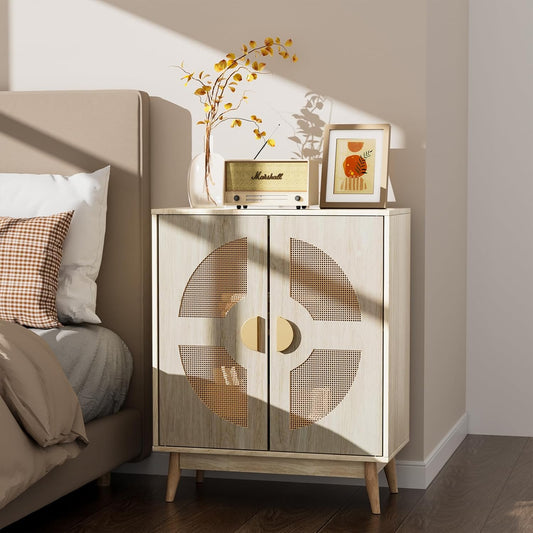 Buffet Cabinet with Storage Sideboard Accent Modern Credenza with Doors & Shelves 32.9" Rattan Media Console Mid Century Coffee Bar Table for Living Room Kitchen Dining Room Hallway