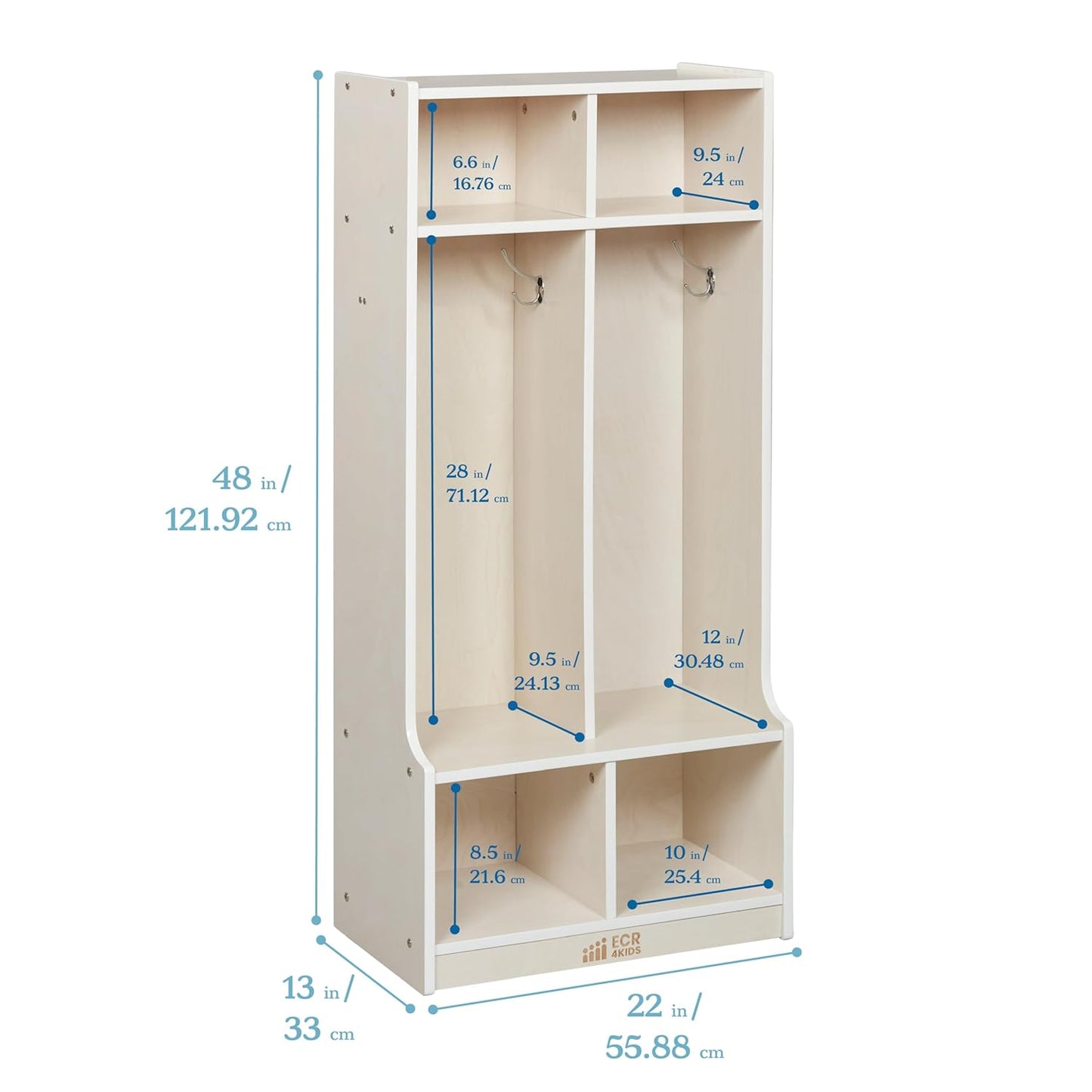 ECR4Kids 2-Section Coat Locker with Bench, Classroom Furniture, White Wash