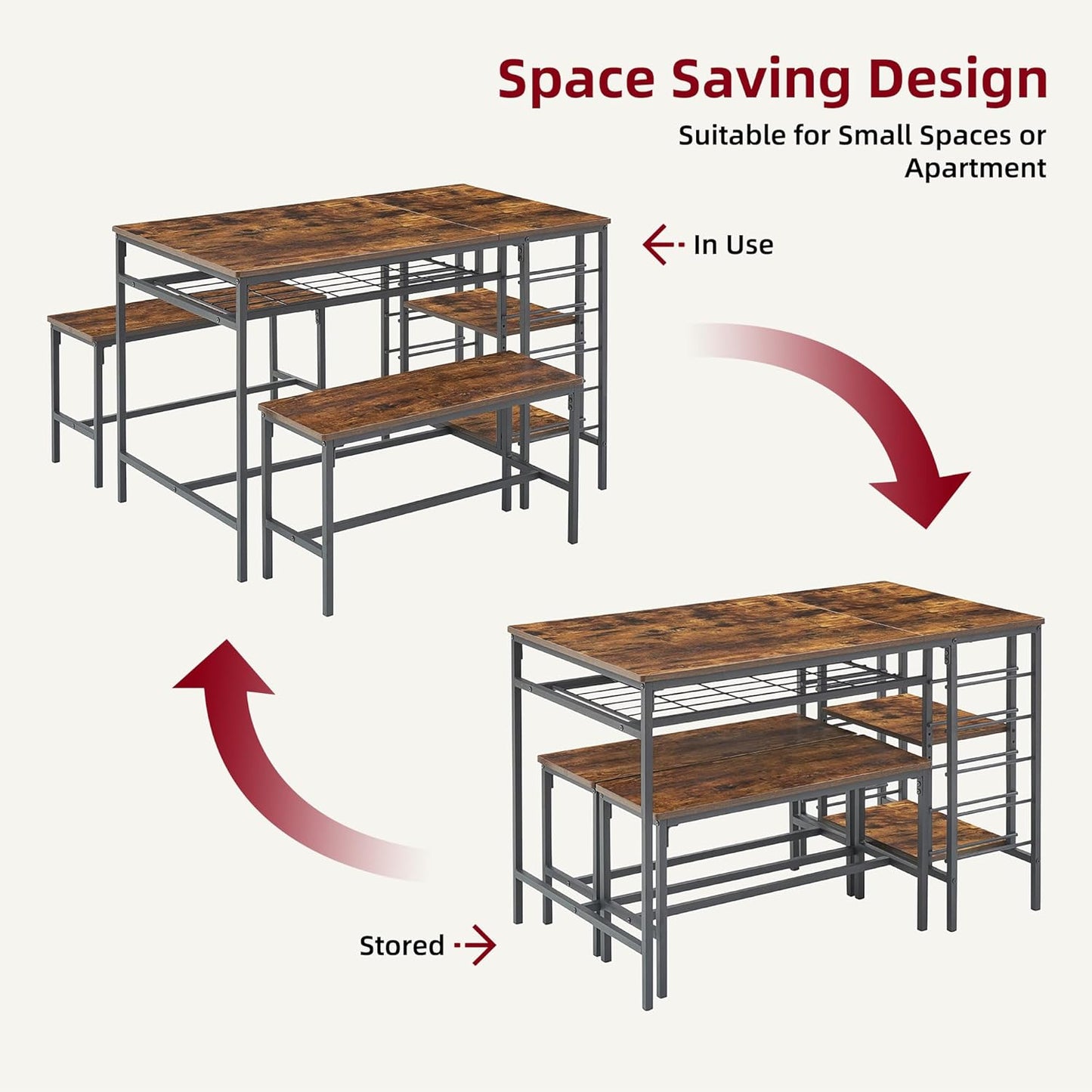 IDEALHOUSE Dining Table Set for 4, Kitchen Table Set for 4 with 2 Benches, Rectangular Dining Room Table Set with Wine Rack, 3 Piece Dining Table Set for Small Space Apartment, Rustic Brown