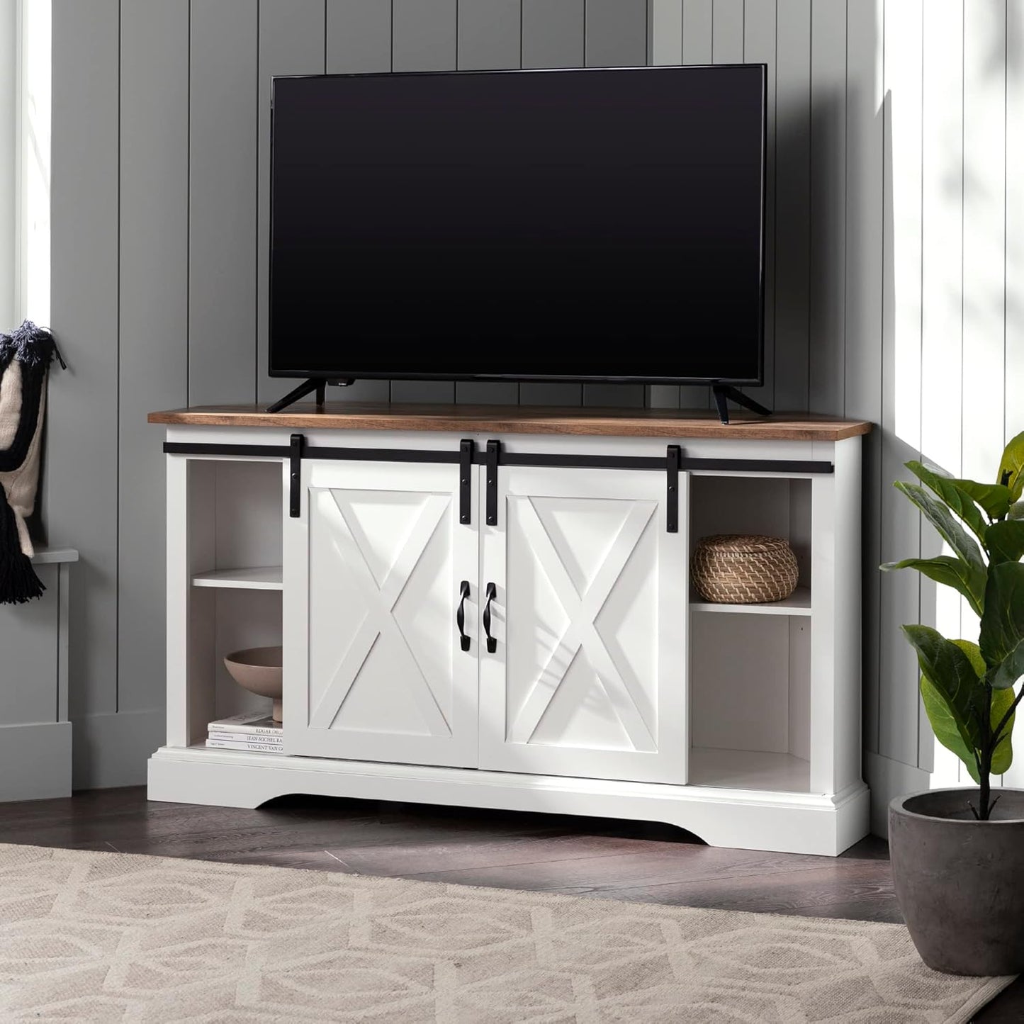 Walker Edison Everette Modern Farmhouse Double Sliding X Barn Door Stand for TVs up to 58 Inches, 52 Inch, Reclaimed Barnwood and Solid White