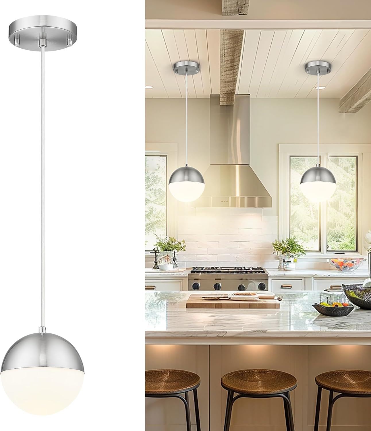 LMS 6-inch Brushed Nickel Pendant Light, Mid Century Kitchen Island Pendant Light Fixtures with White Globe Glass, Adjustable Hanging Light for Dining Room Bedroom Bathroom, LMS-186BNS