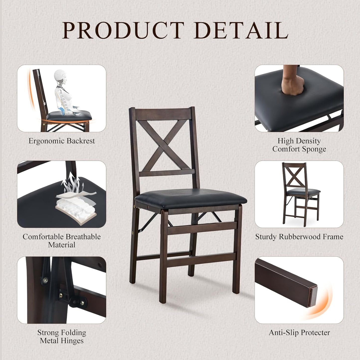 COLAMY Folding Dining Chairs Set of 2 – Dark Brown Wooden Dining Room Chairs, Pre-Assembled, Space Saving Kitchen & Dining Room Furniture, Mid Century Rustic Style, Indoor Outdoor Use