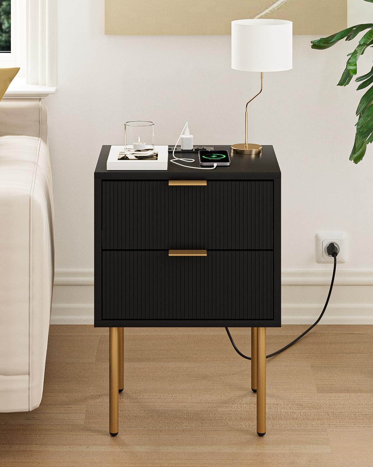 Masupu Nightstand with Charging Station,Mid-Century Modern Bedside Table with 2 Storage Drawer,Small Gold Frame Side End Table for Bedroom,Living Room (Black)